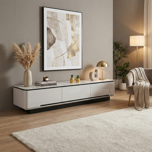 Vallin Modern TV Console with Stone Top | Glossy TV Cabinet with Storage & Rounded Corners