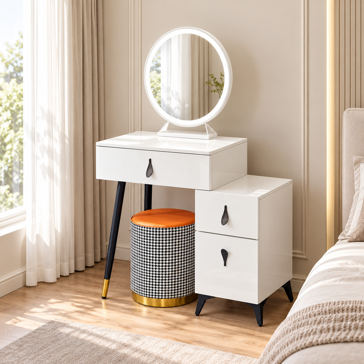 White dressing table with round mirror, side storage cabinet and patterned stool in a bedroom
