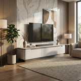 Pale Opale TV console with integrated drawer grips in a living room