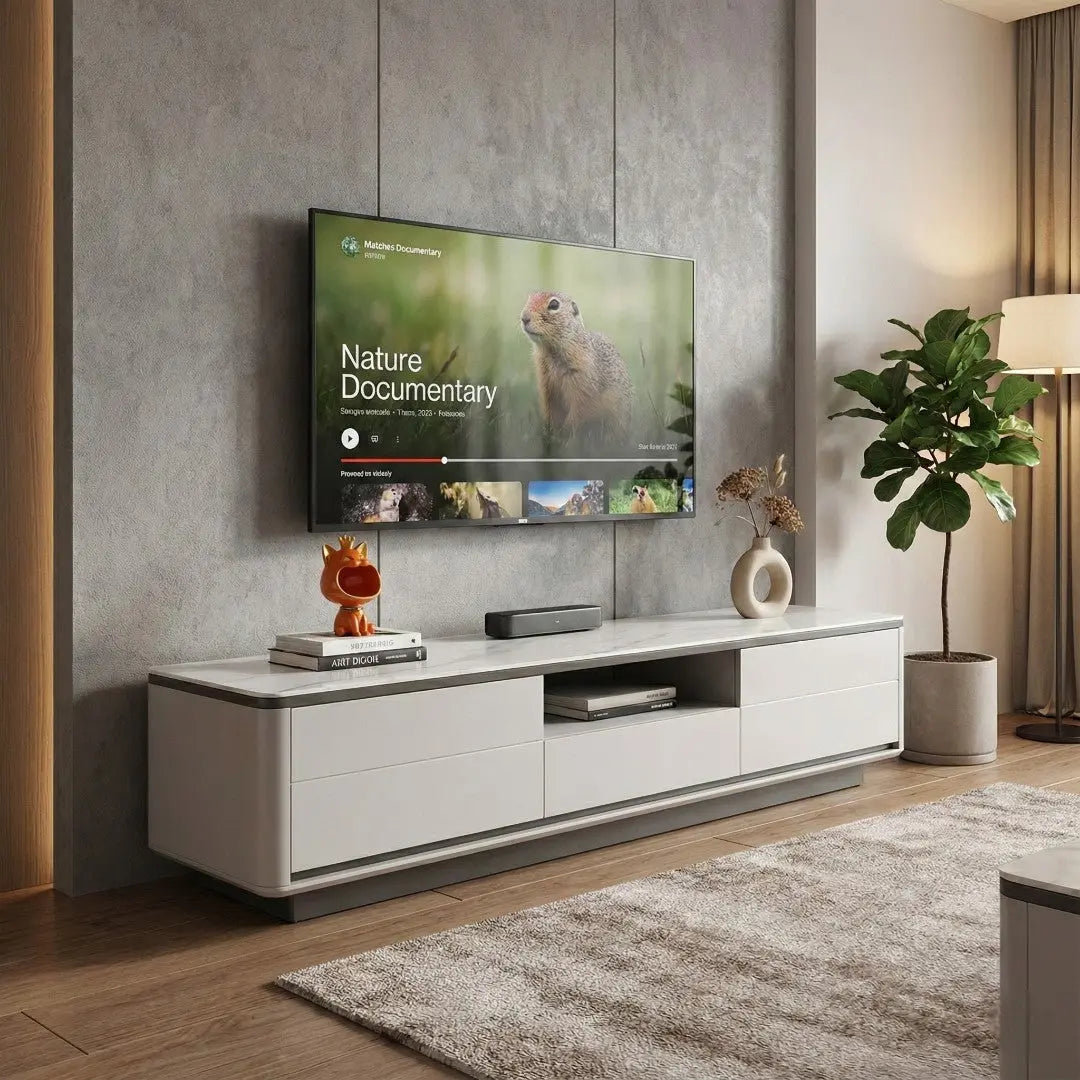 Grey Regale TV console with open centre shelf beneath a television