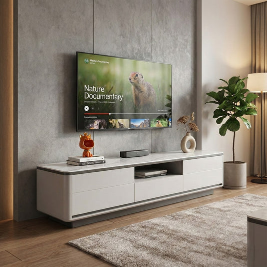 Regale Sintered Stone TV Console with Open Media Shelf | Modern Luxury Storage Cabinet | Rounded Edges