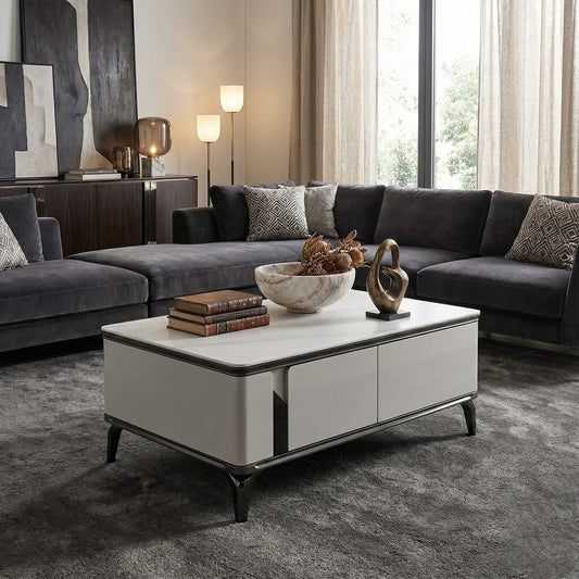 Lucent Stone Top Coffee Table - Modern Luxury Center Table with Storage Drawers | Scratch-Resistant Sintered Stone & High Legs