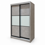 Alden grey sliding-door wardrobe with black trim and pale centre panels, angled view