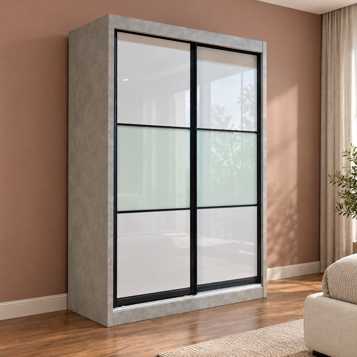 Marlow grey sliding wardrobe in a bedroom with warm pink walls