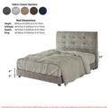 Light grey tufted bed with colour options and dimensions