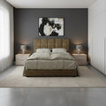 Brown panelled bed, front view against a dark wall