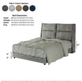 Grey upholstered bed with padded headboard, colour options and dimensions