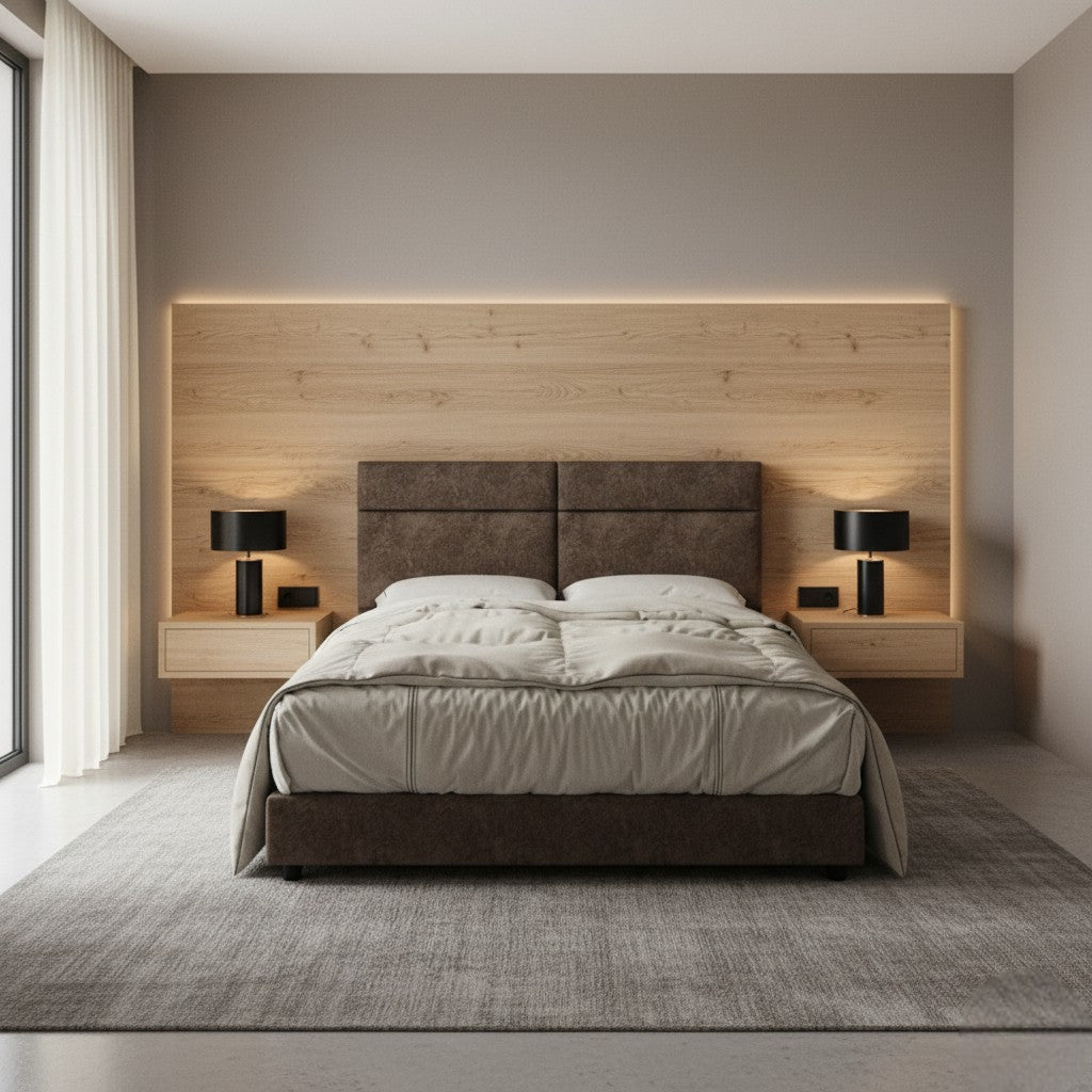 Modern Fabric Bed Frame with Cushioned Panel Headboard