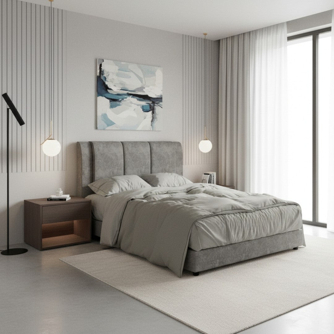 Fabric Upholstered Bed Frame with Padded Panel Headboard