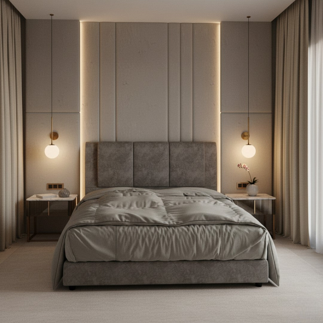 Fabric Upholstered Bed Frame with Padded Panel Headboard