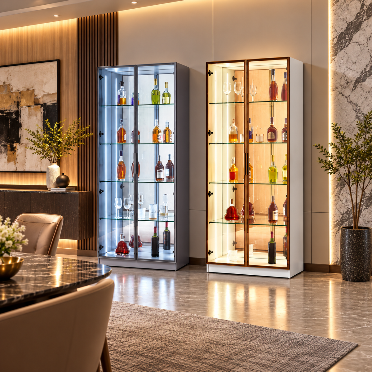Glass Showcase Display Cabinet with LED & Mirror Back Grandeur Furnishings