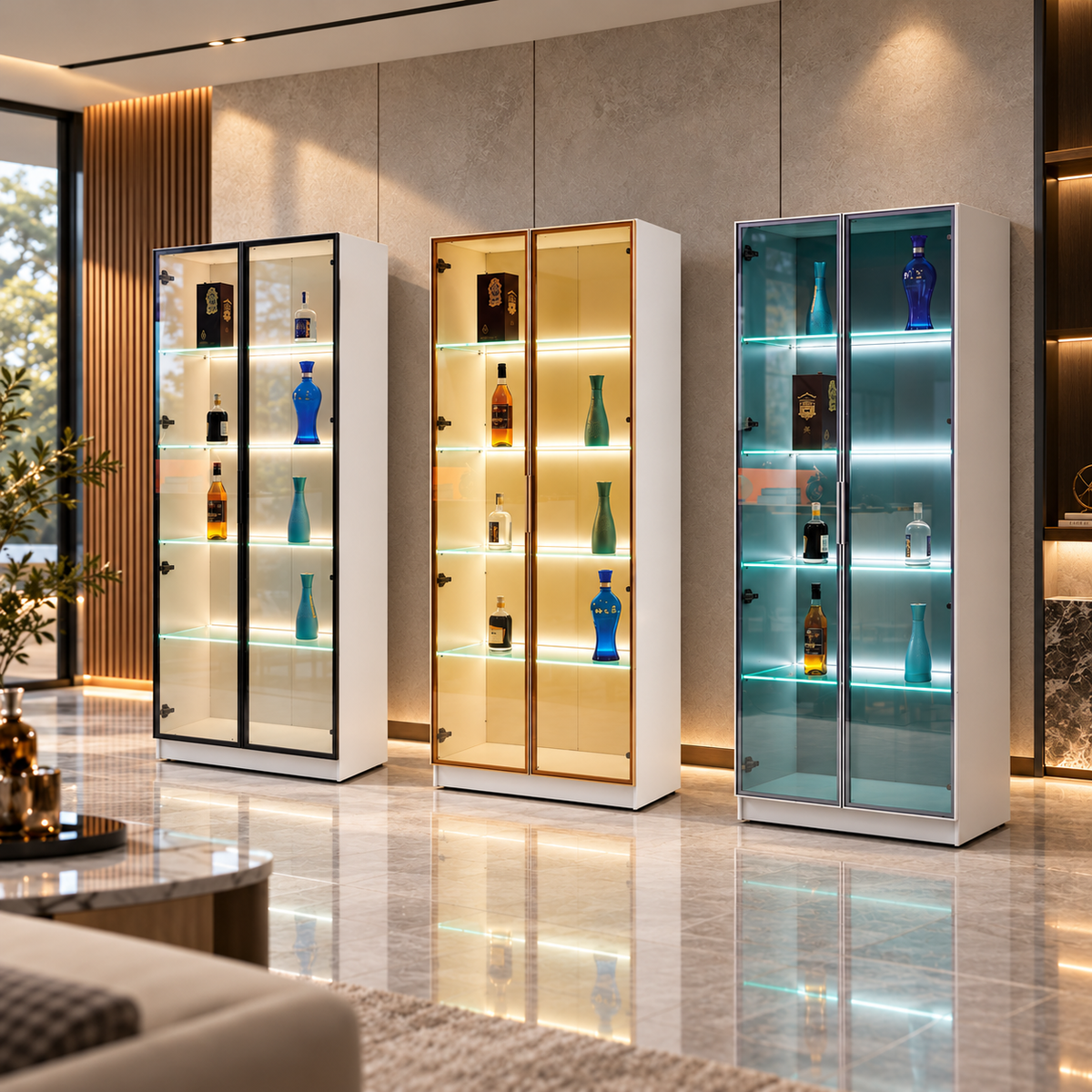 Modern LED Glass Display Cabinet with 5 Shelves Grandeur Furnishings