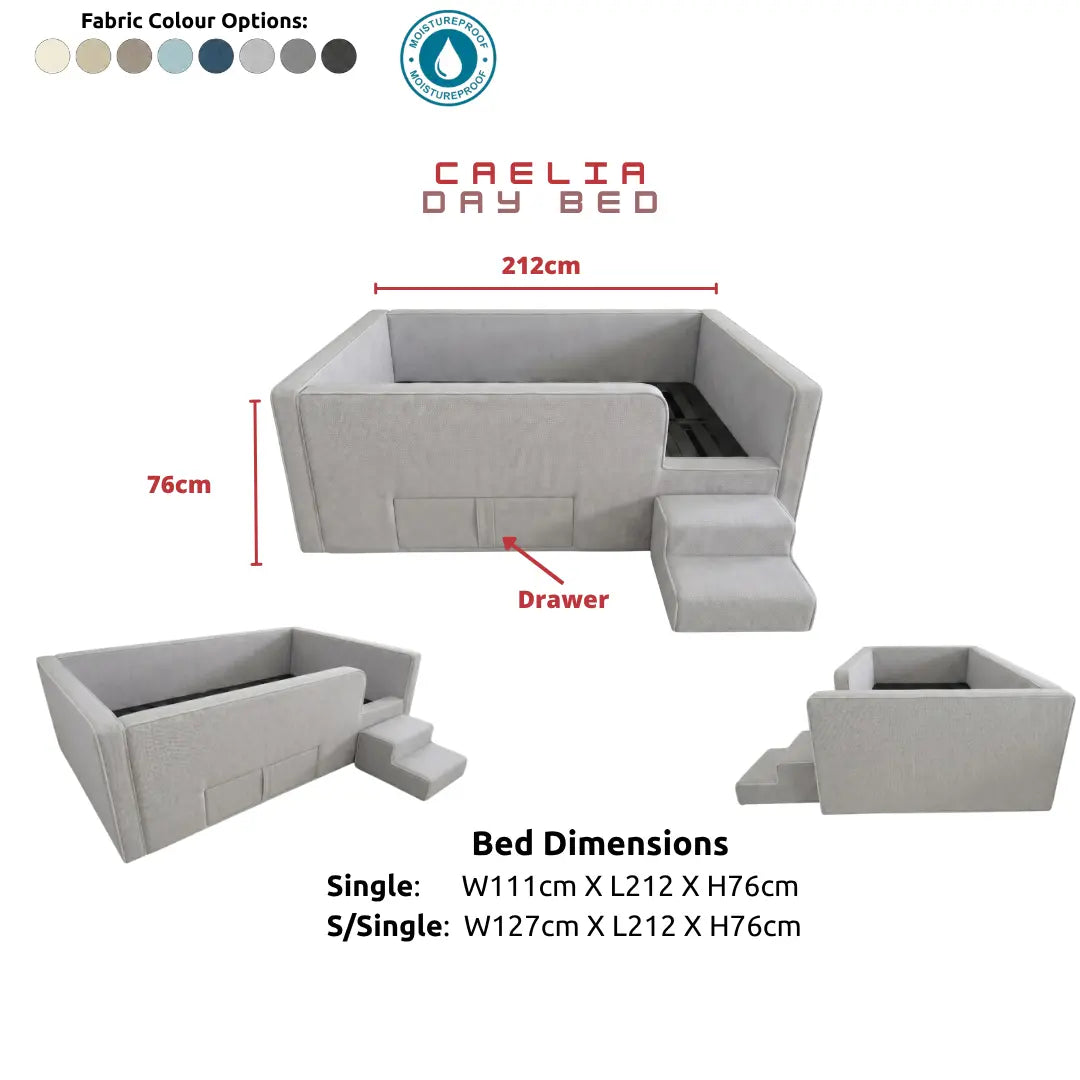 Caelia Daybed w/ Enclosed Frame & Steps | | Luxury Upholstered Kids Bed | Storage Drawer Grandeur Furnishings