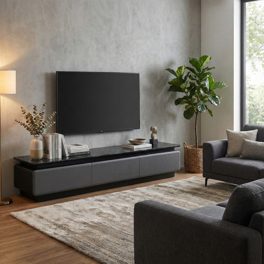 Lunaris Luxury TV Console | Premium Stone Top TV Cabinet | Modern Grey Living Room Stand with 3 Drawers