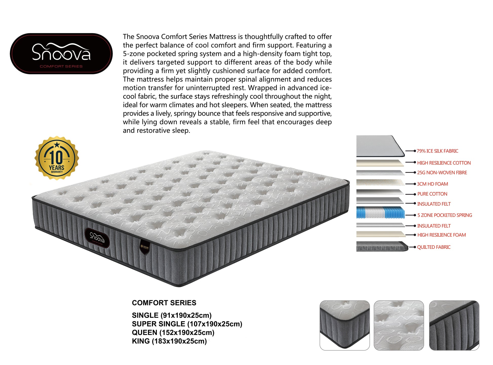 Snoova Comfort 10" Tight Top Mattress: Firm Support, 3cm HD Foam & 5-Zone Spring Grandeur Furnishings