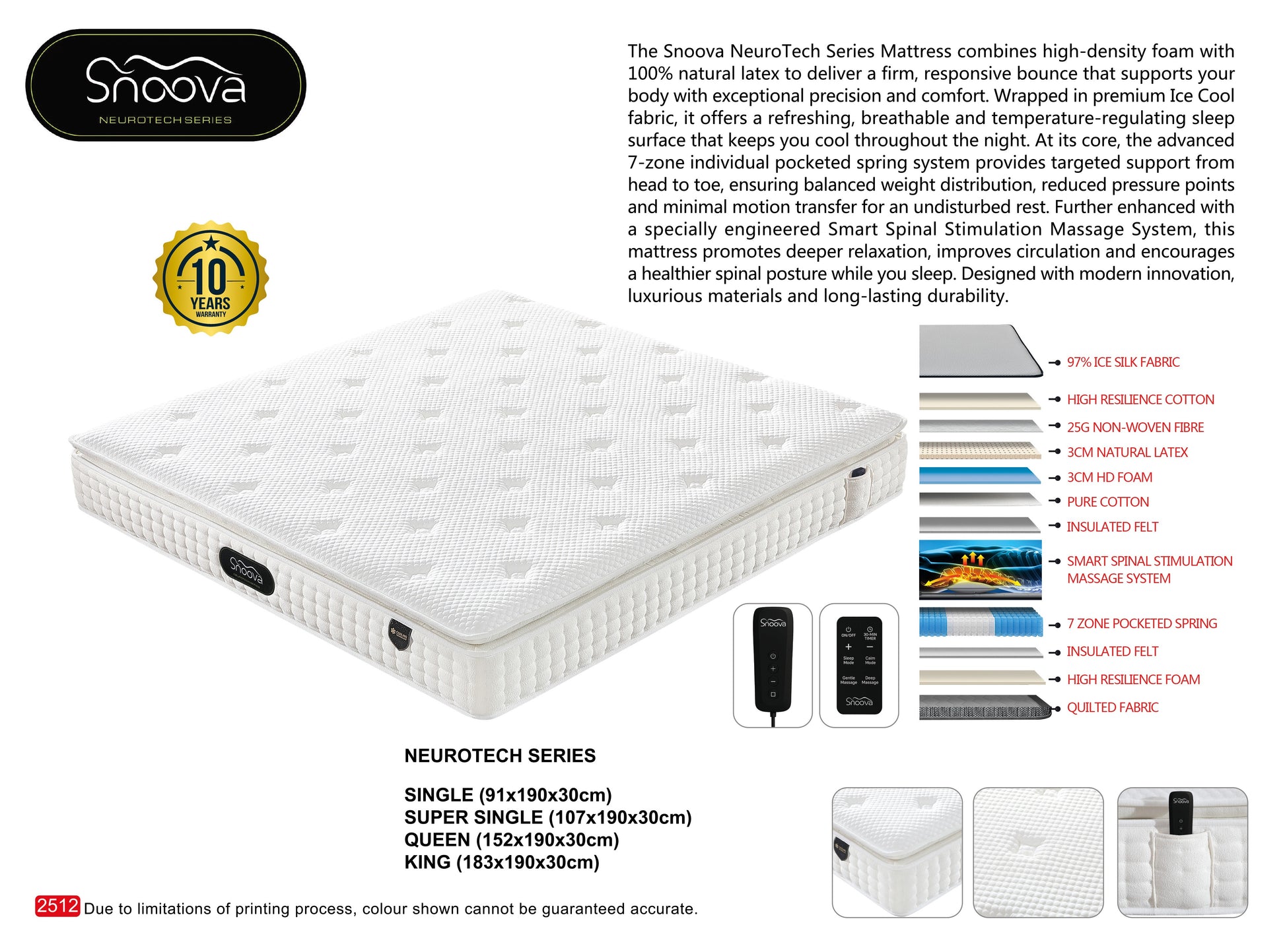 Snoova NeuroTech Mattress 100% Natural Latex, 7-Zone Pocket Spring & Smart Massage System Grandeur Furnishings