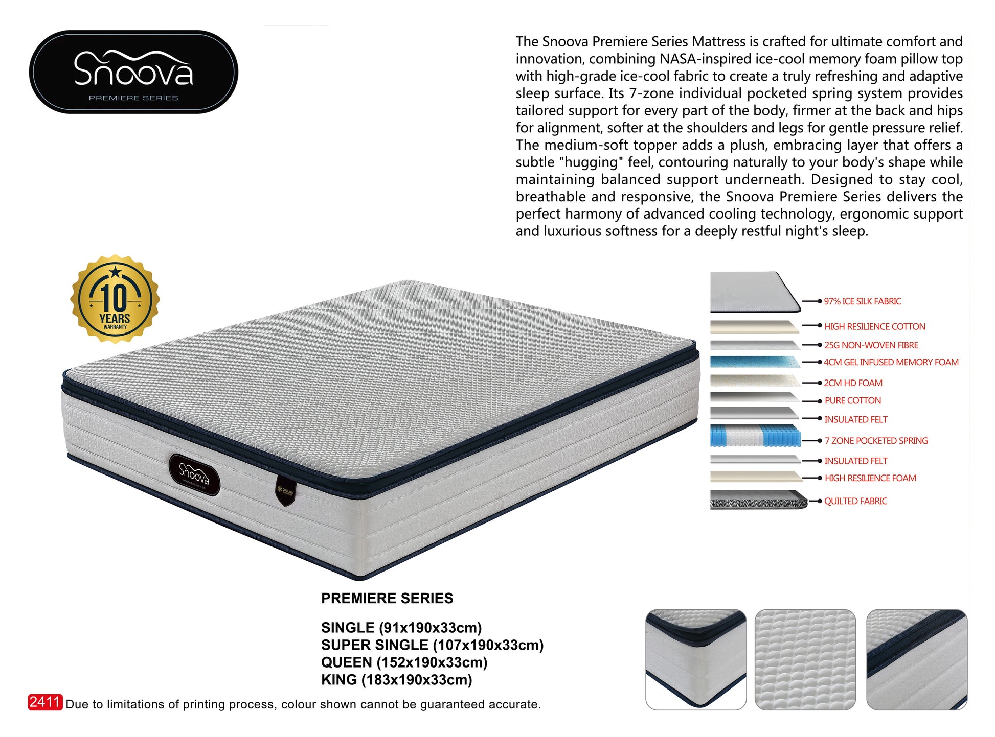 Snoova Premiere 13" Mattress - Cooling Gel Memory Foam Pillow Top & Pocket Springs Grandeur Furnishings
