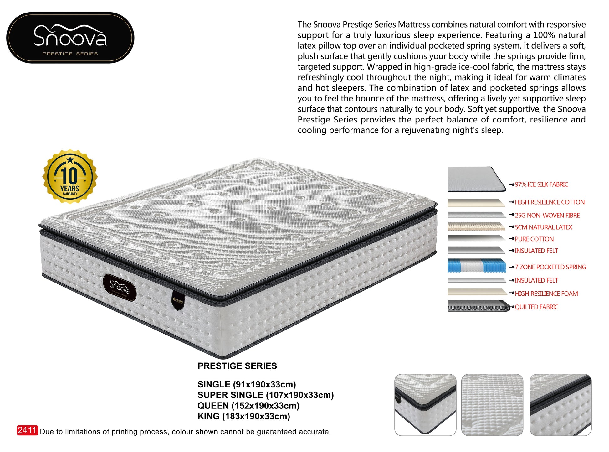 Snoova Prestige Natural Latex Pillow Top Mattress - Cooling Ice Silk Fabric & 7-Zone Pocket Springs Grandeur Furnishings