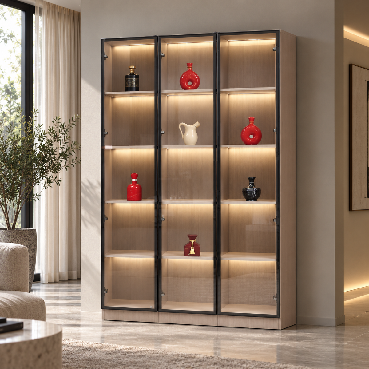 Contemporary Wood-Finish Glass Display Cabinet with LED Sensor Lighting Grandeur Furnishings