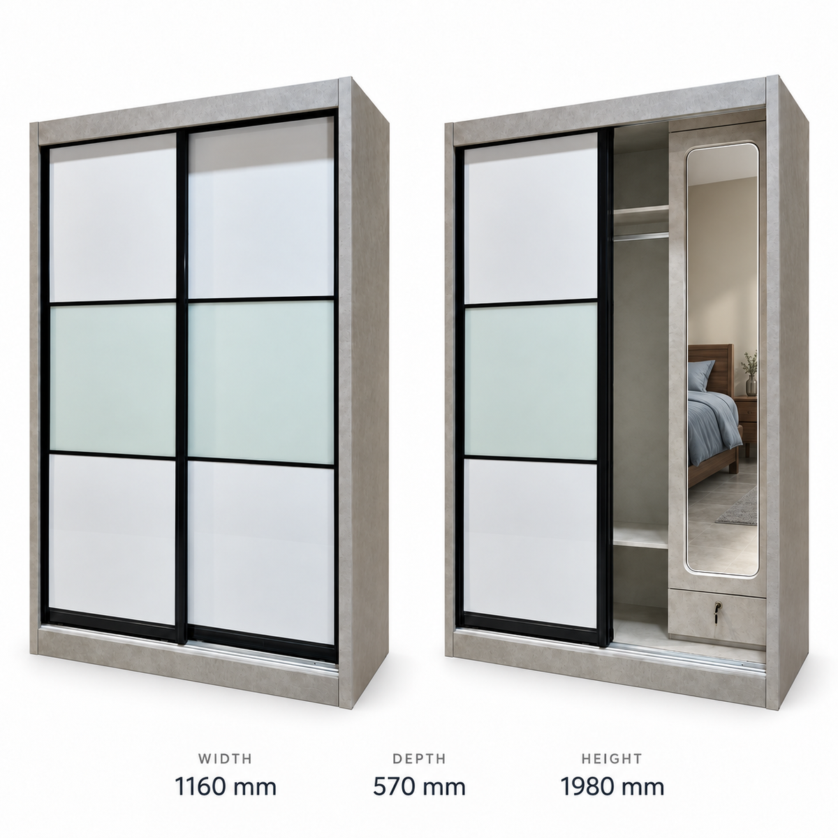 Marlow wardrobe dimension chart showing closed doors and the internal mirror