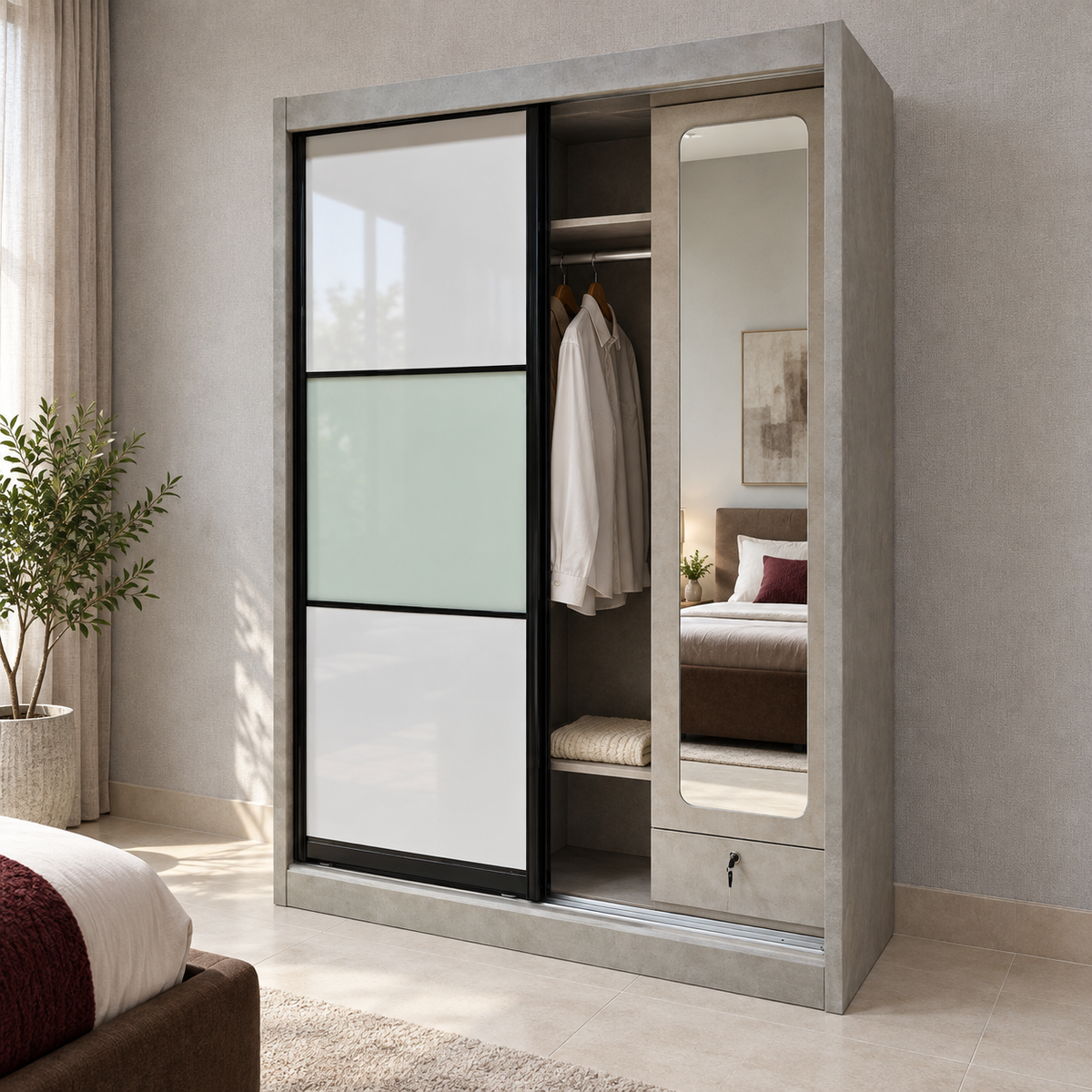 Marlow wardrobe partly open, showing hanging space, shelves and internal mirror