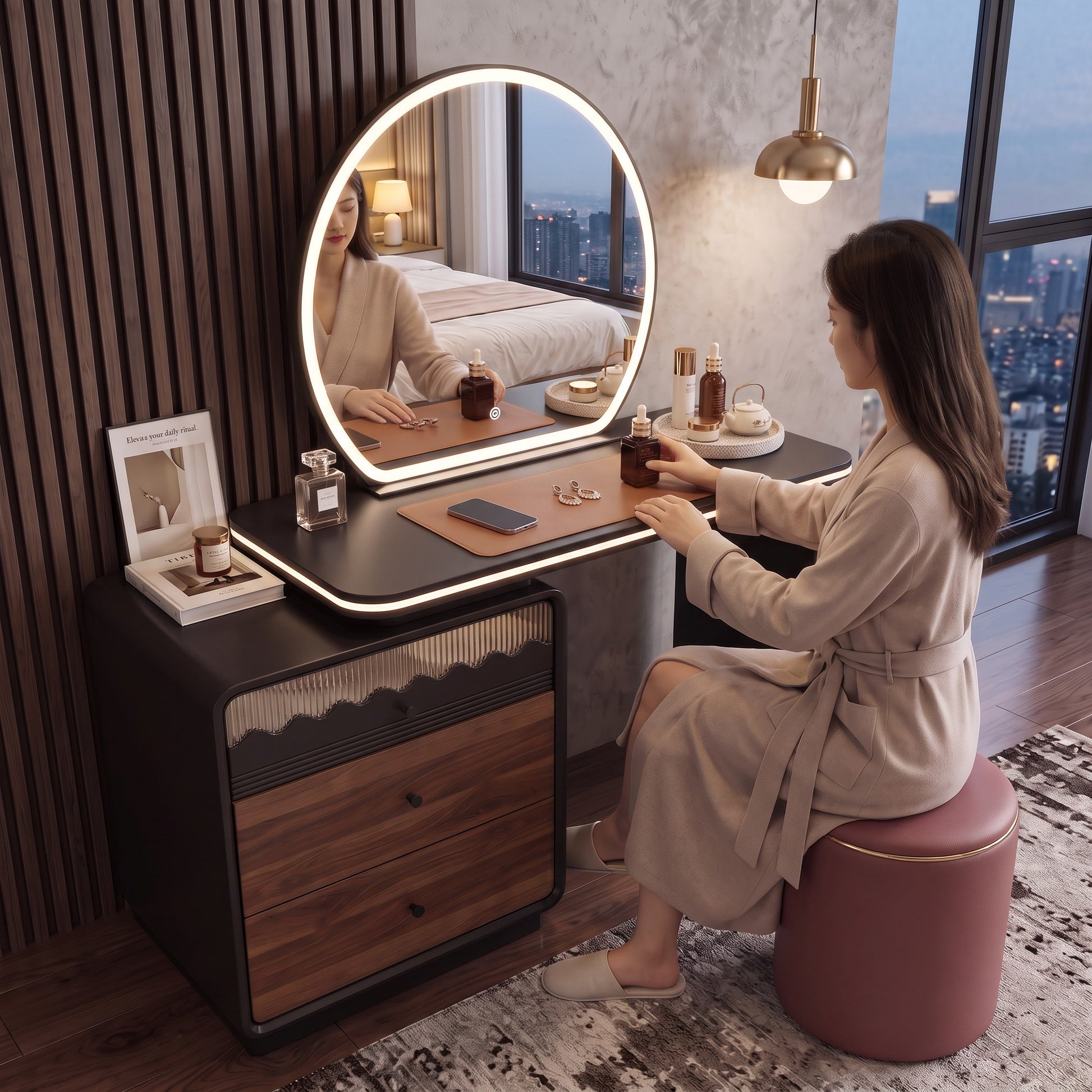 Rosé Black & Wood Vanity Set with Round LED Mirror & Stool Grandeur Furnishings