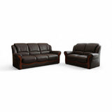 Dark brown Icon sofa set with contrasting wood-look arm trim