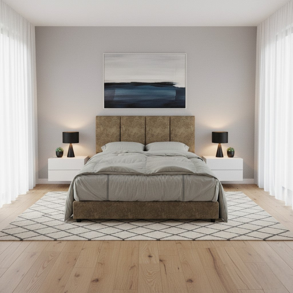 Modern Fabric Upholstered Bed Frame with Padded Vertical Panel Headboard