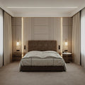Brown tufted bed, front view against a panelled wall