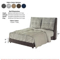 Grey upholstered bed with colour options and dimensions