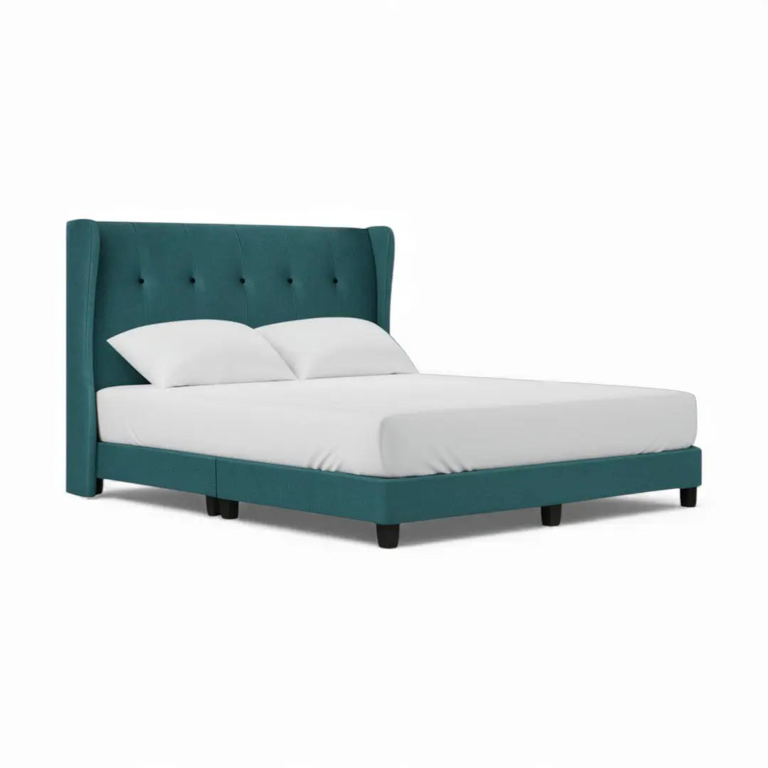 Teal Astria upholstered bed with button-tufted wingback headboard