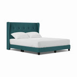 Teal Astria upholstered bed with button-tufted wingback headboard