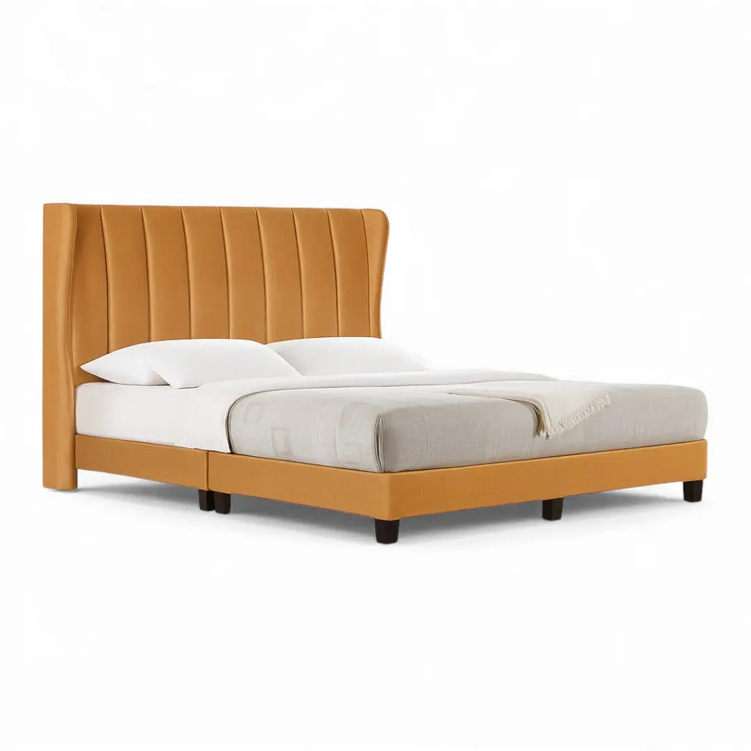 Ochre Vellum upholstered bed with vertical-channel wingback headboard