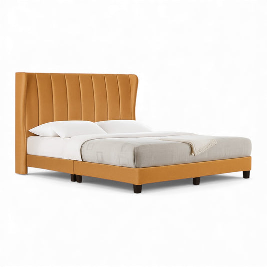 Vellum Premium Divan Bed Frame | Wingback Headboard with Vertical Tufting | Moisture-Proof Fabric
