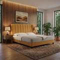 Ochre Vellum bed against a wood feature wall