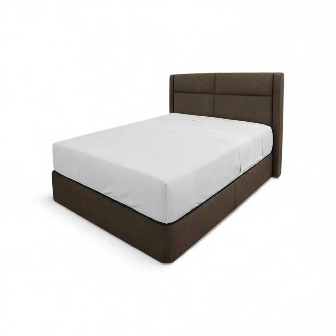 Brown Avalise upholstered bed with padded rectangular headboard panels