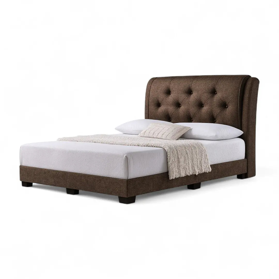 Brown Mirevo upholstered bed with tall button-tufted wingback headboard