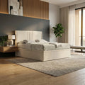 Beige Selene bed beside a large window