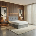 Grey Celestia bed against a wood feature wall