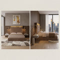 Brown Edera bed in front and side views in a bedroom