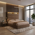 Brown Edera bed with illuminated headboard shelf in a bedroom
