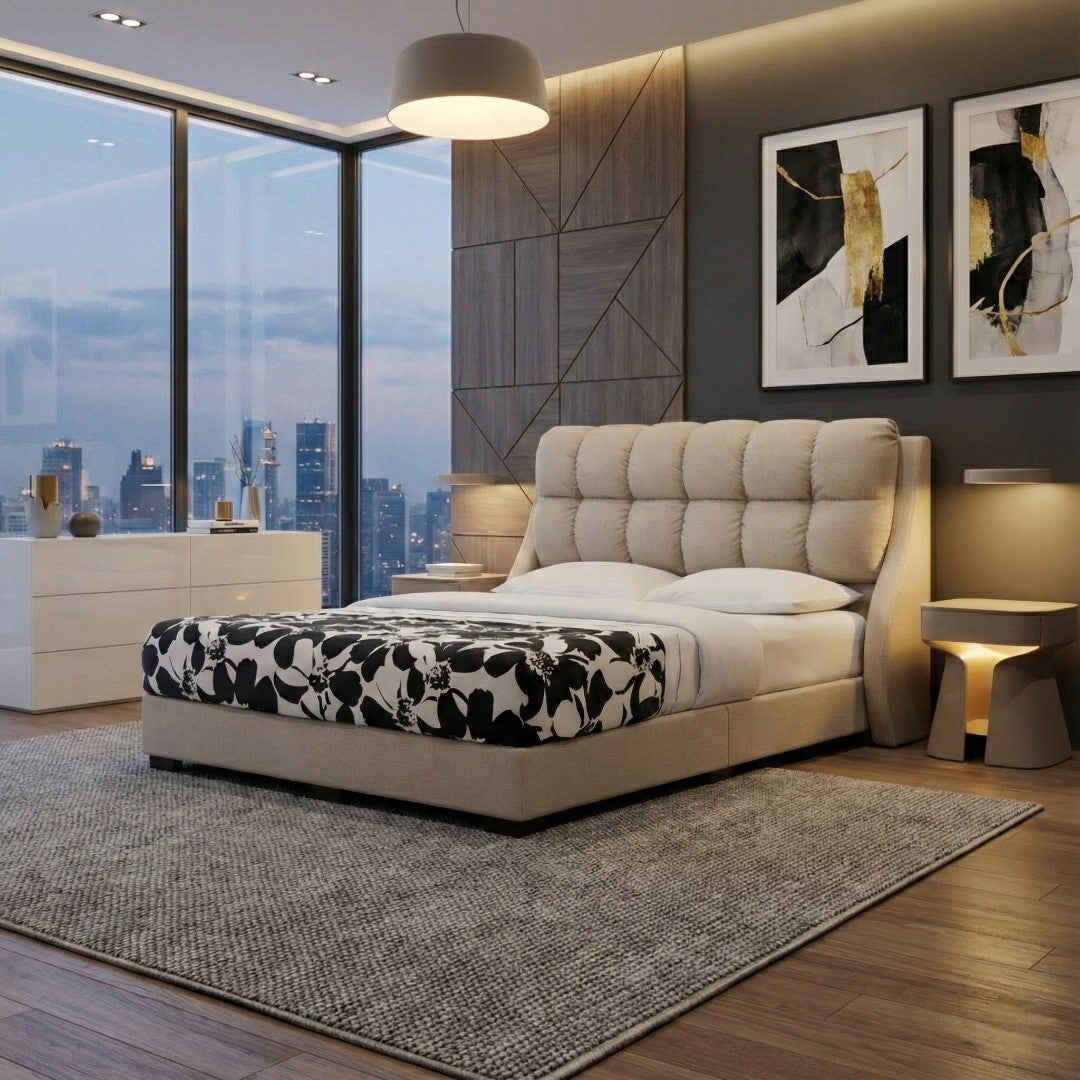 Vespera Fabric Bed Frame with Wingback Cushion Headboard