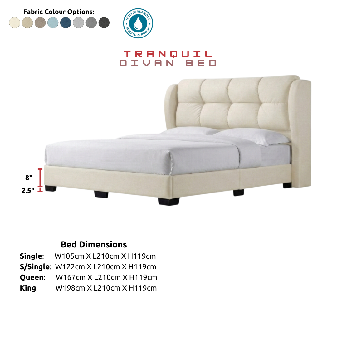 Tranquil Luxury Fabric Divan Bed Frame | High Winged Cushion Headboard