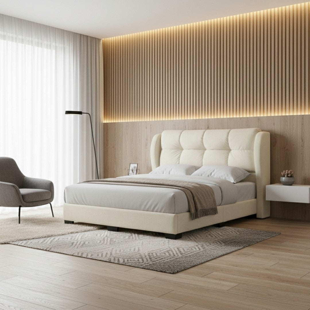 Tranquil Luxury Fabric Divan Bed Frame | High Winged Cushion Headboard