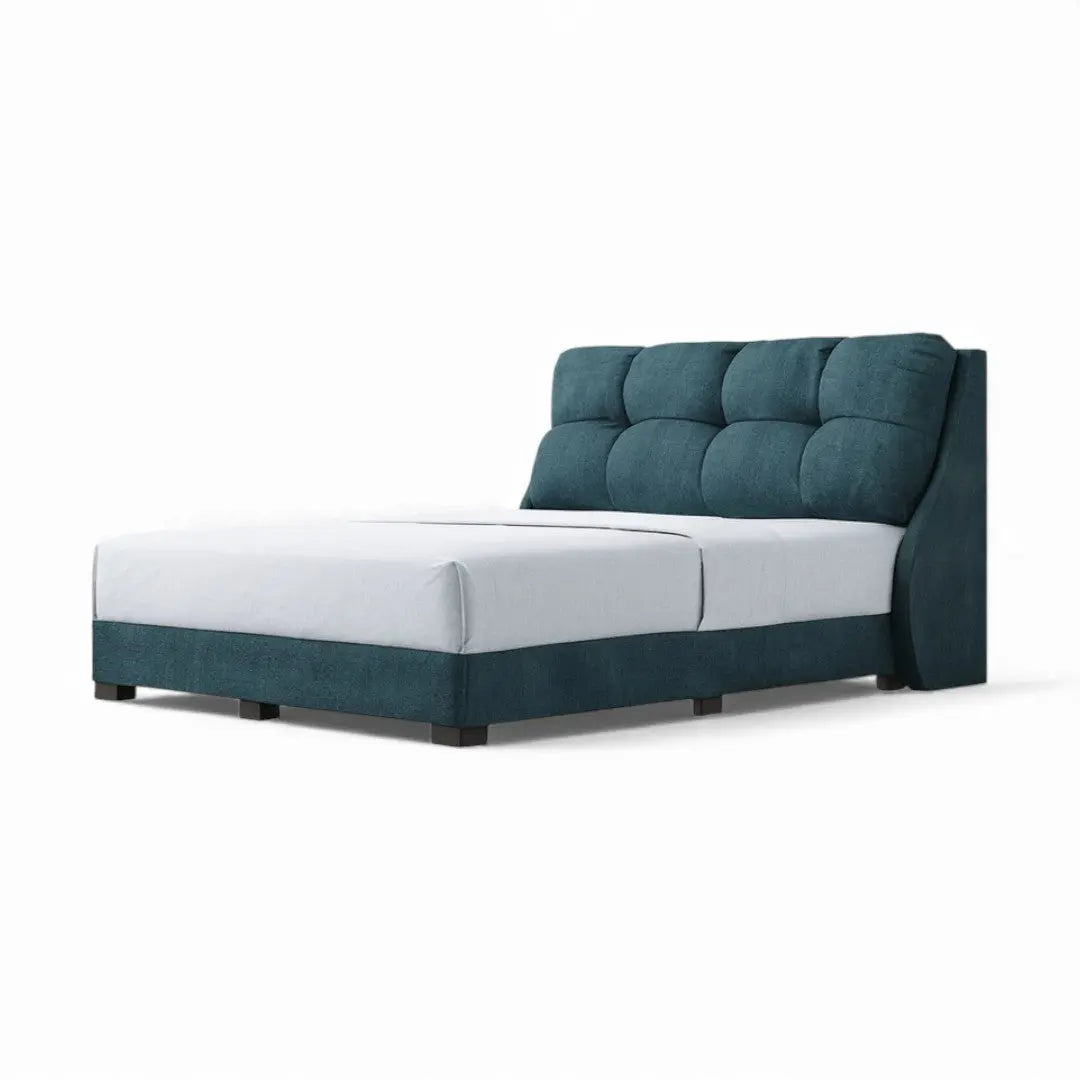 Teal Verity upholstered bed with thick segmented headboard cushions