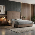 Taupe Valente bed against a dark feature wall