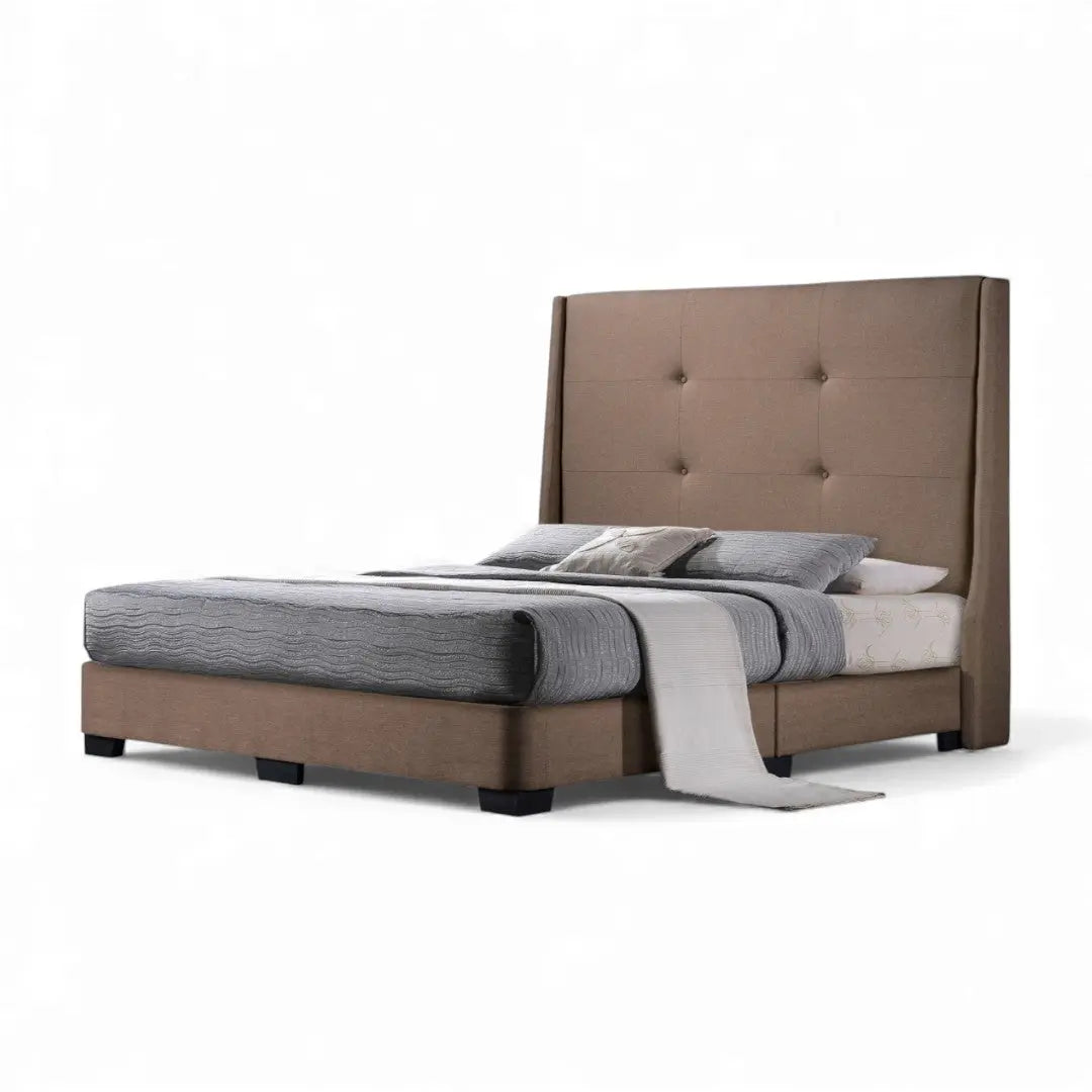 Taupe Valente upholstered bed with tall button-tufted wingback headboard