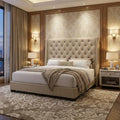 Beige Aurette bed in a bedroom with carved wall panels