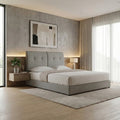 Grey Vellin tufted bed in a bedroom