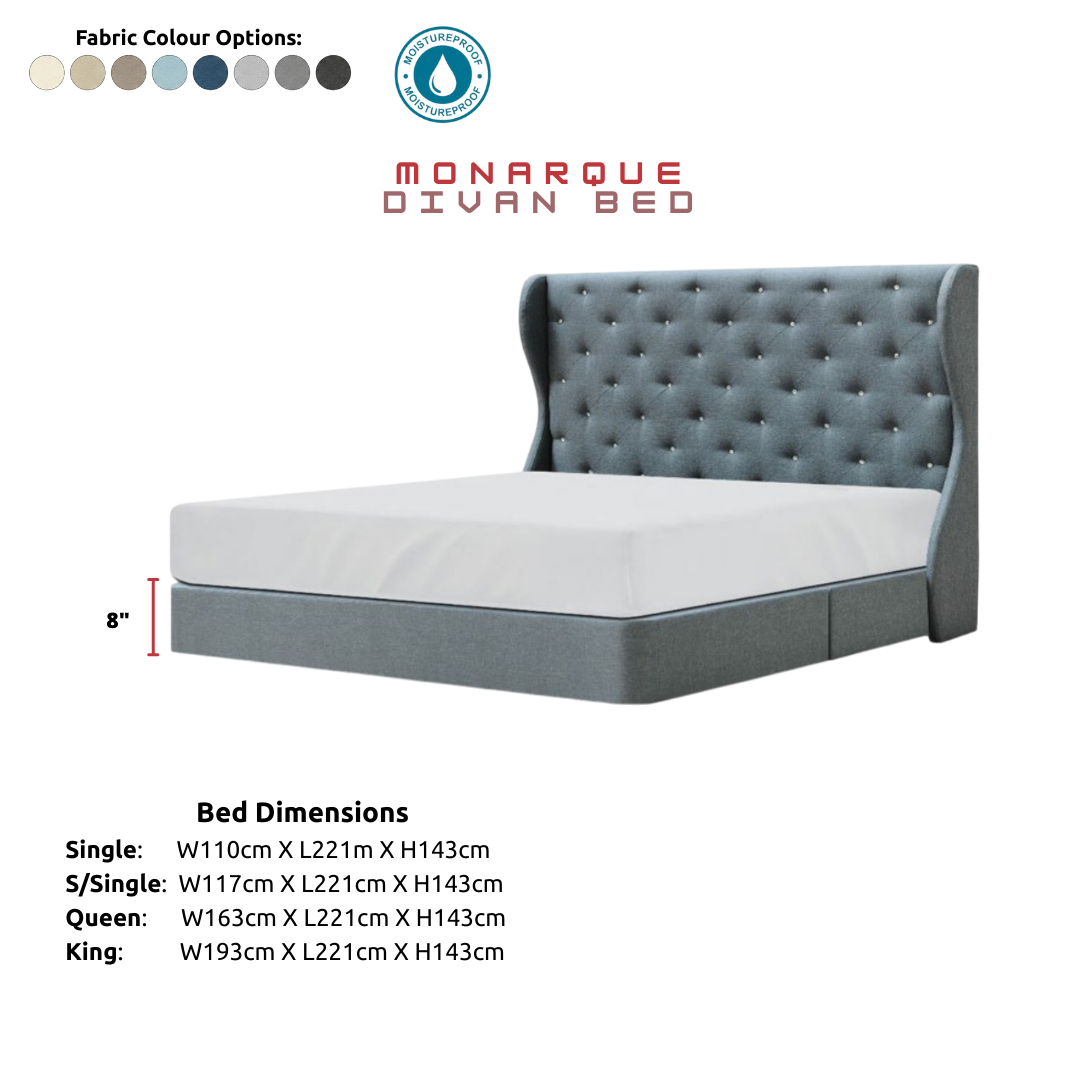 Monarque Luxury Tufted Bed Frame | 8" Divan Base | Tall Wingback Headboard
